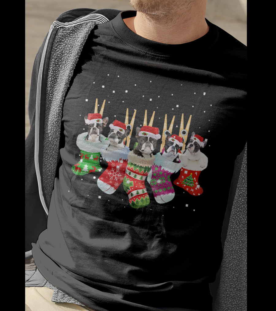 Christmas Boston Terrier Santa Hat Stockings T-Shirt
