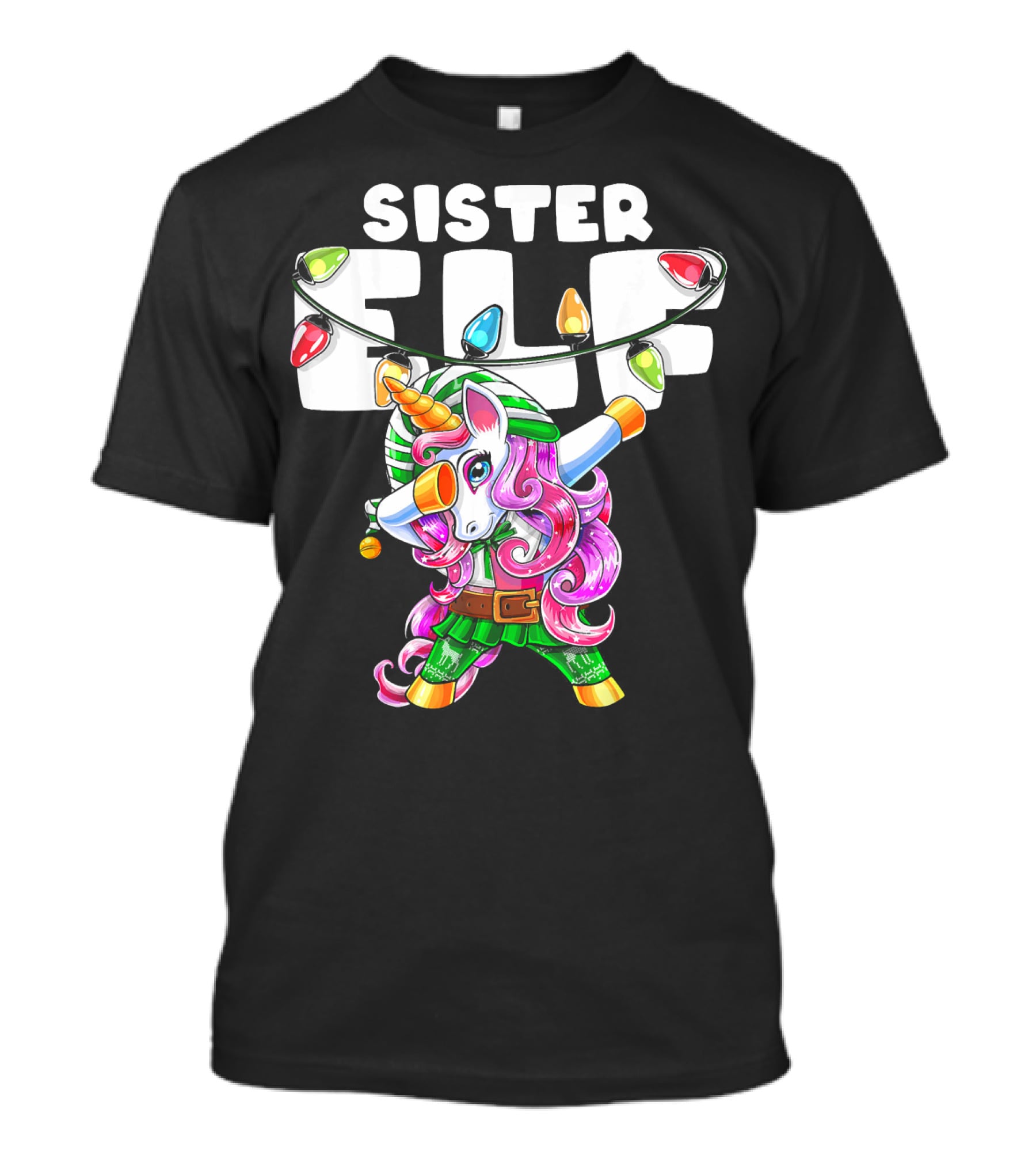 Sister Elf Christmas Dabbing Unicorn With Holiday Lights T-Shirt