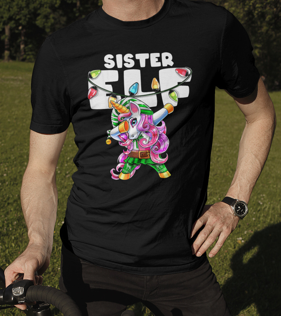 Sister Elf Christmas Dabbing Unicorn With Holiday Lights T-Shirt