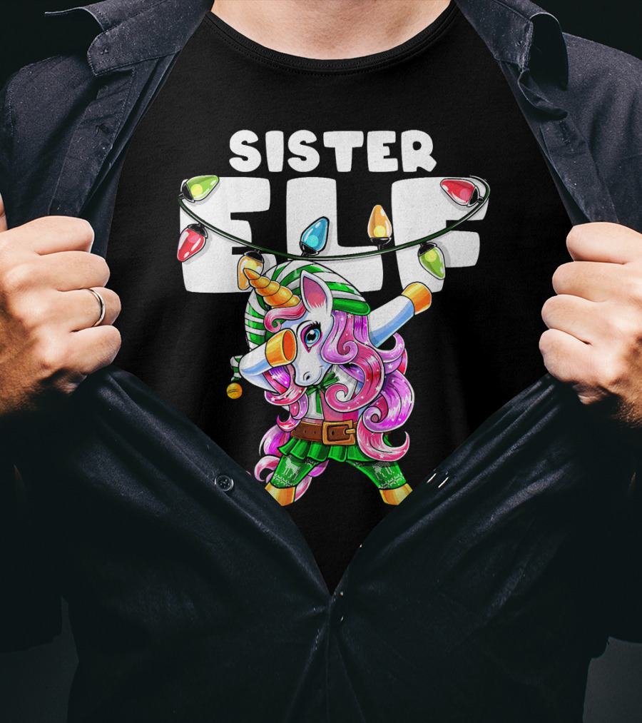 Sister Elf Christmas Dabbing Unicorn With Holiday Lights T-Shirt