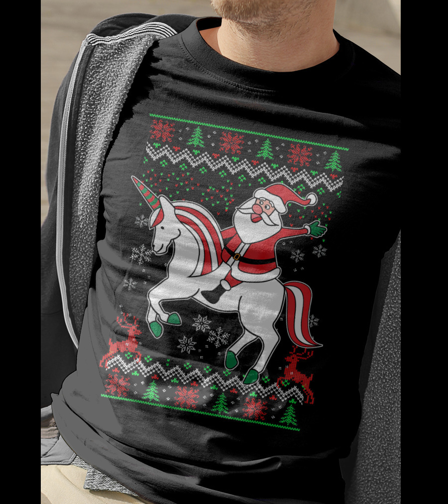 Santa Claus Riding Unicorn Christmas Sweater Pattern Holiday Magic T-Shirt