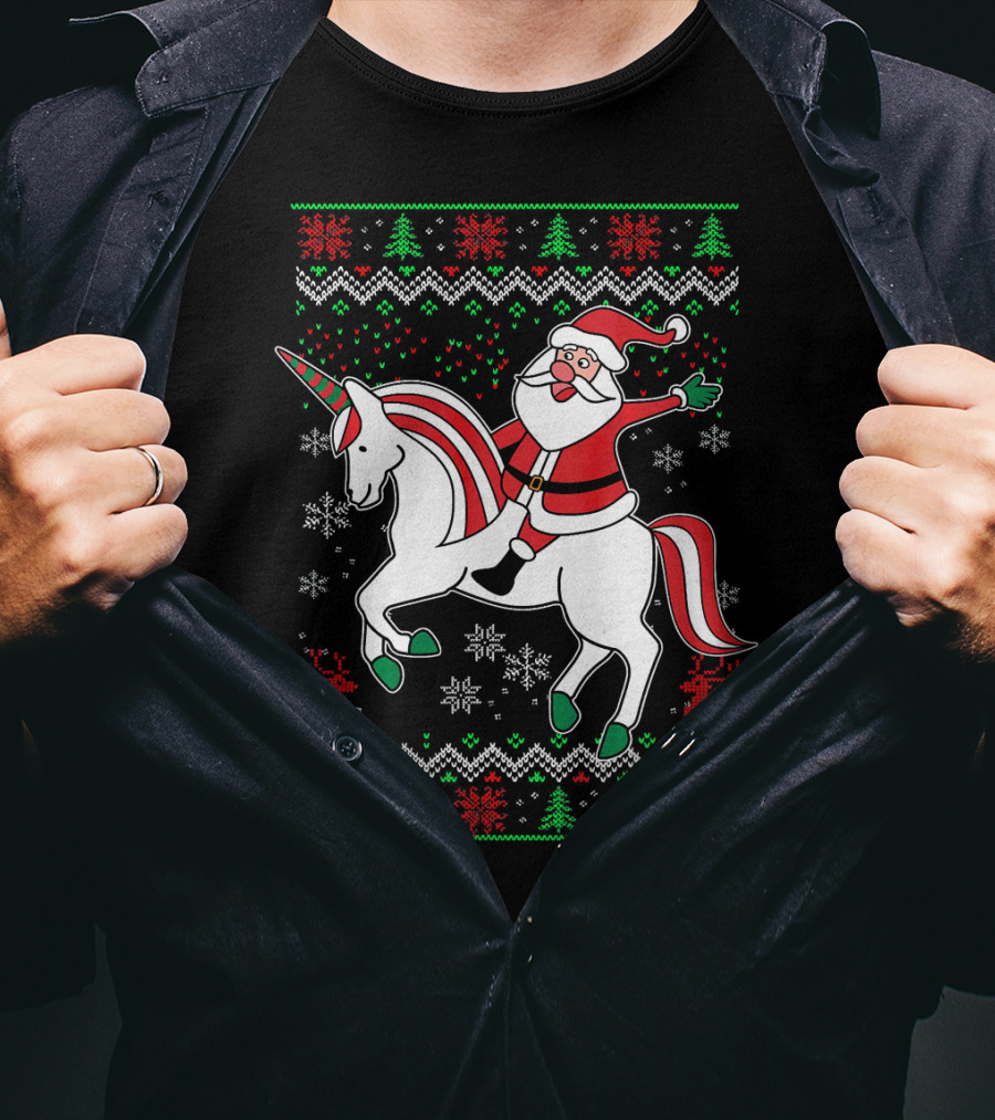Santa Claus Riding Unicorn Christmas Sweater Pattern Holiday Magic T-Shirt