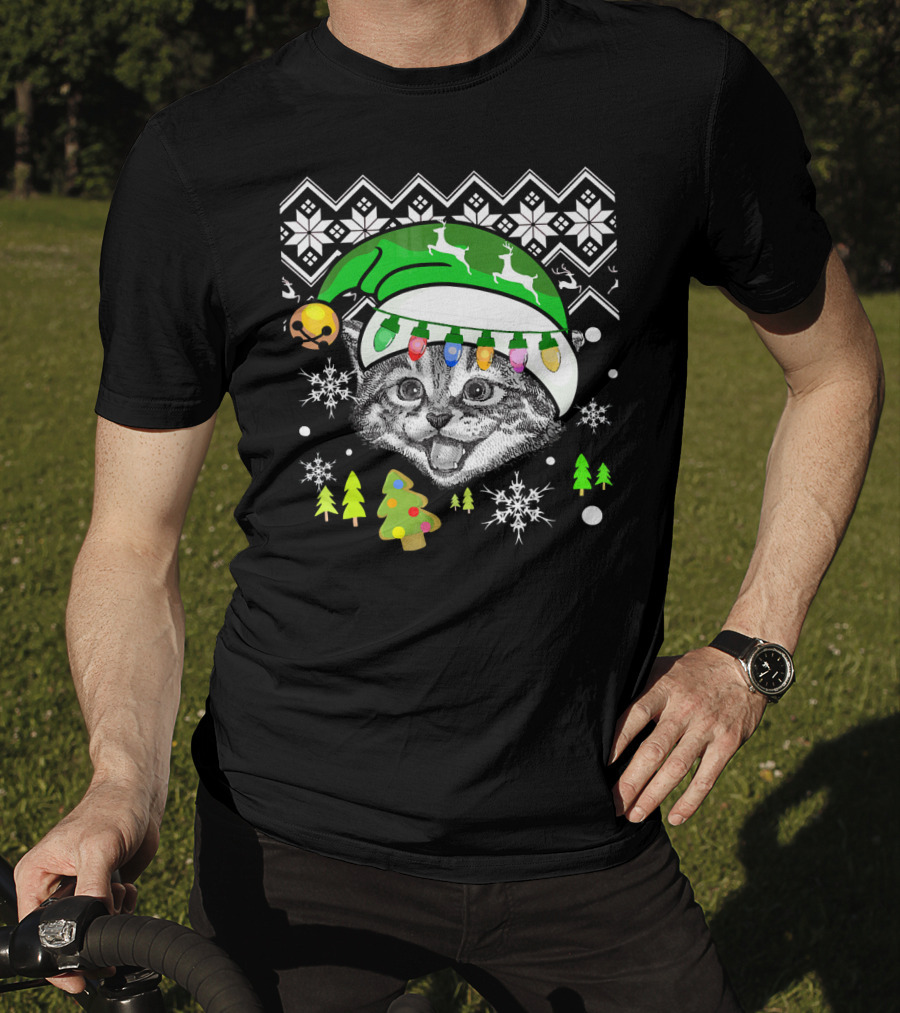 Christmas Cat Reindeer Hat Snowflakes Festive Lights T-Shirt