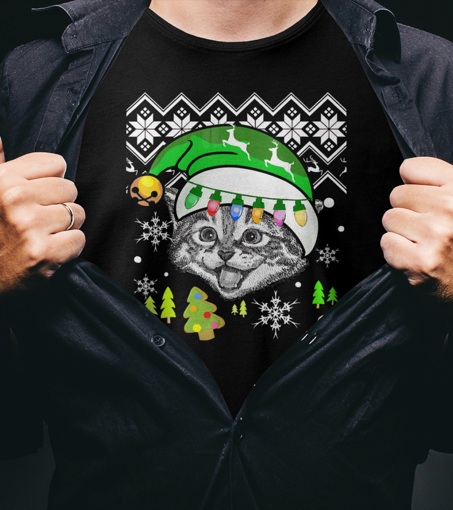 Christmas Cat Reindeer Hat Snowflakes Festive Lights T-Shirt