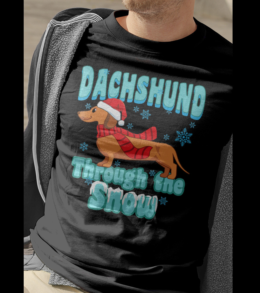 Dachshund Through The Snow Scarf And Santa Hat T-Shirt