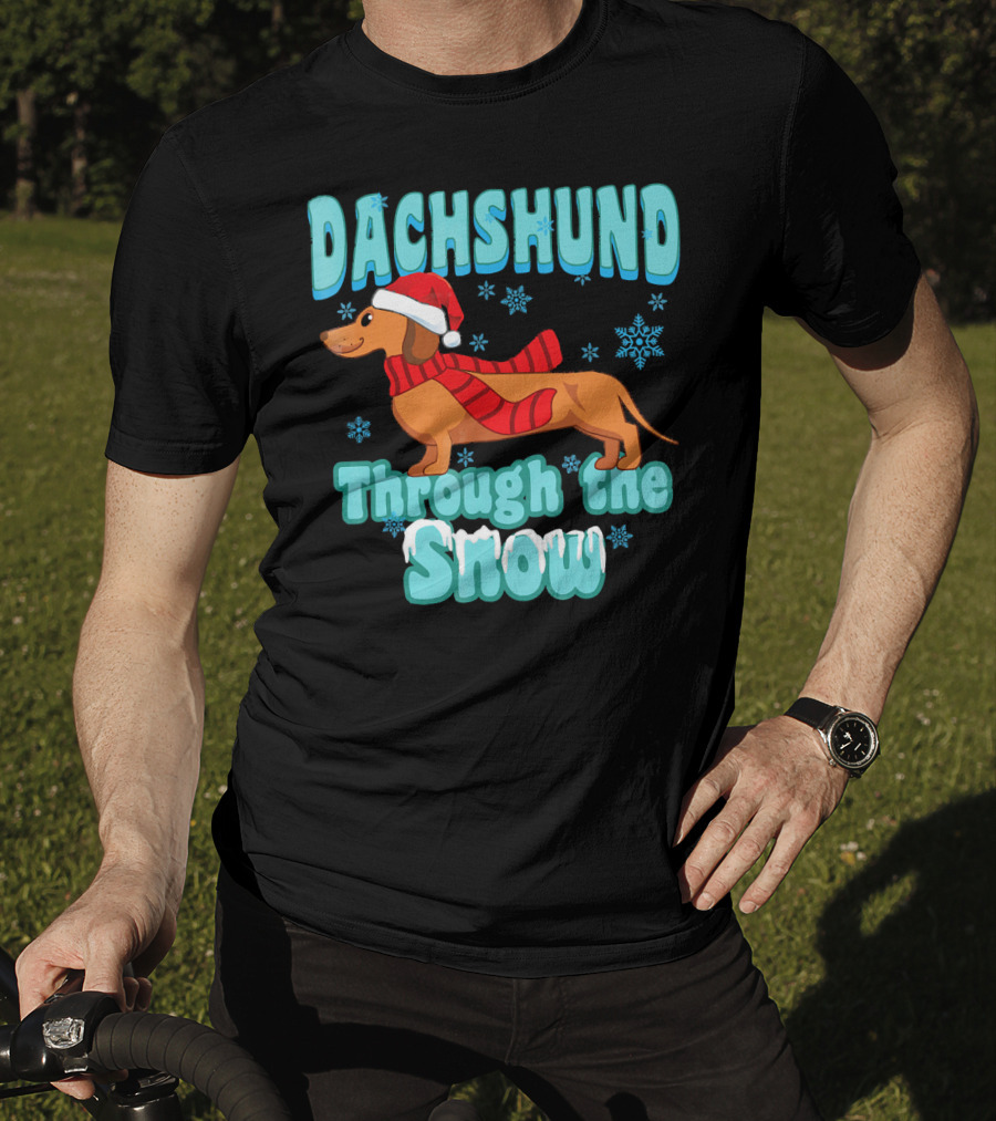 Dachshund Through The Snow Scarf And Santa Hat T-Shirt