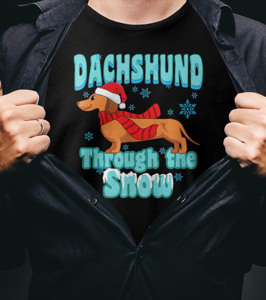 Dachshund Through The Snow Scarf And Santa Hat T-Shirt