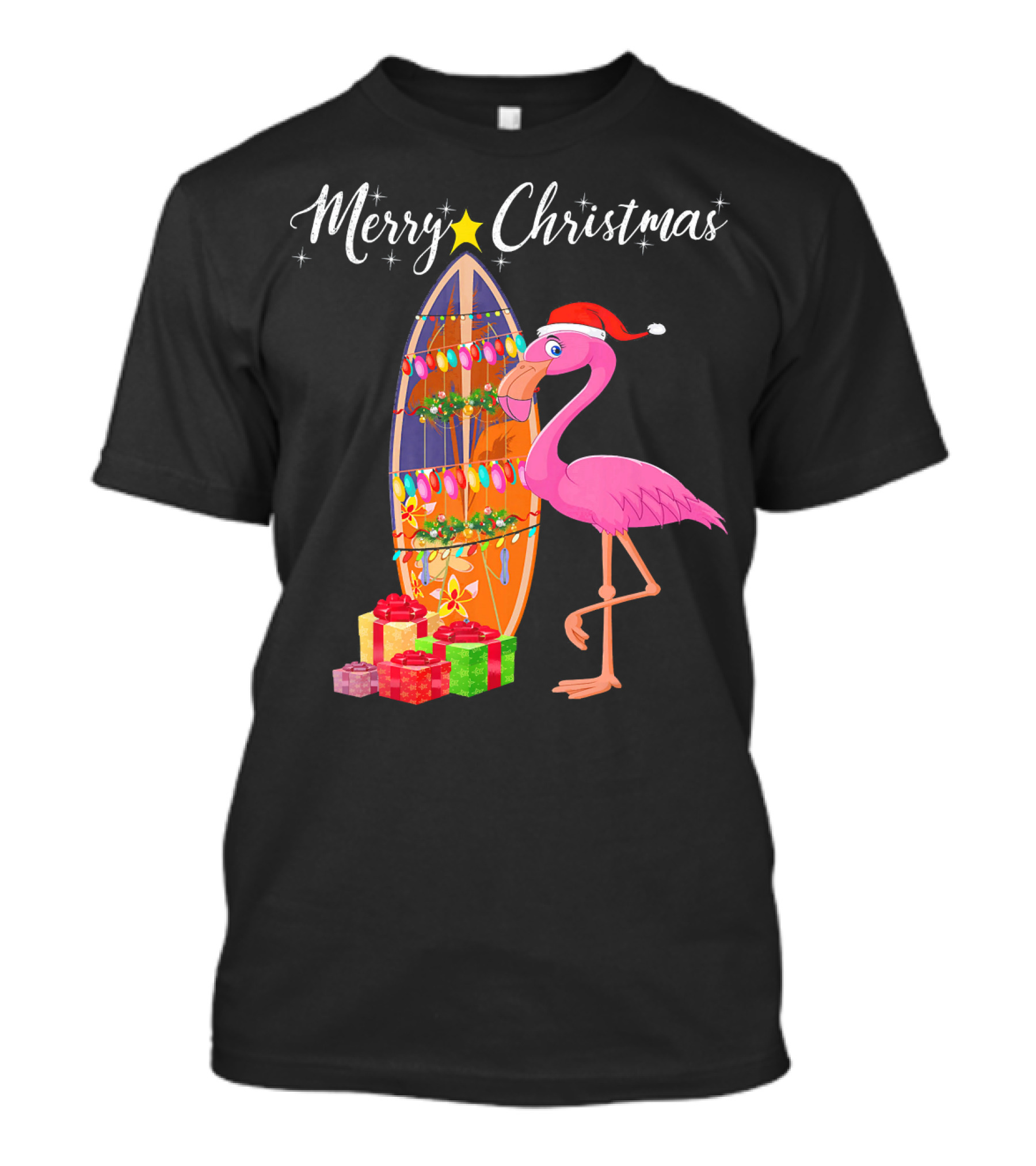 Merry Christmas Flamingo Surfboard Santa Hat Gifts T-Shirt