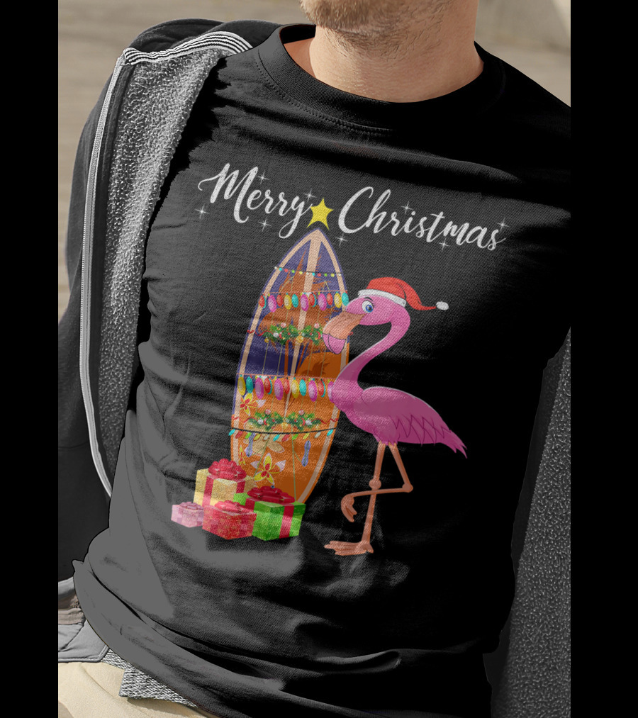 Merry Christmas Flamingo Surfboard Santa Hat Gifts T-Shirt