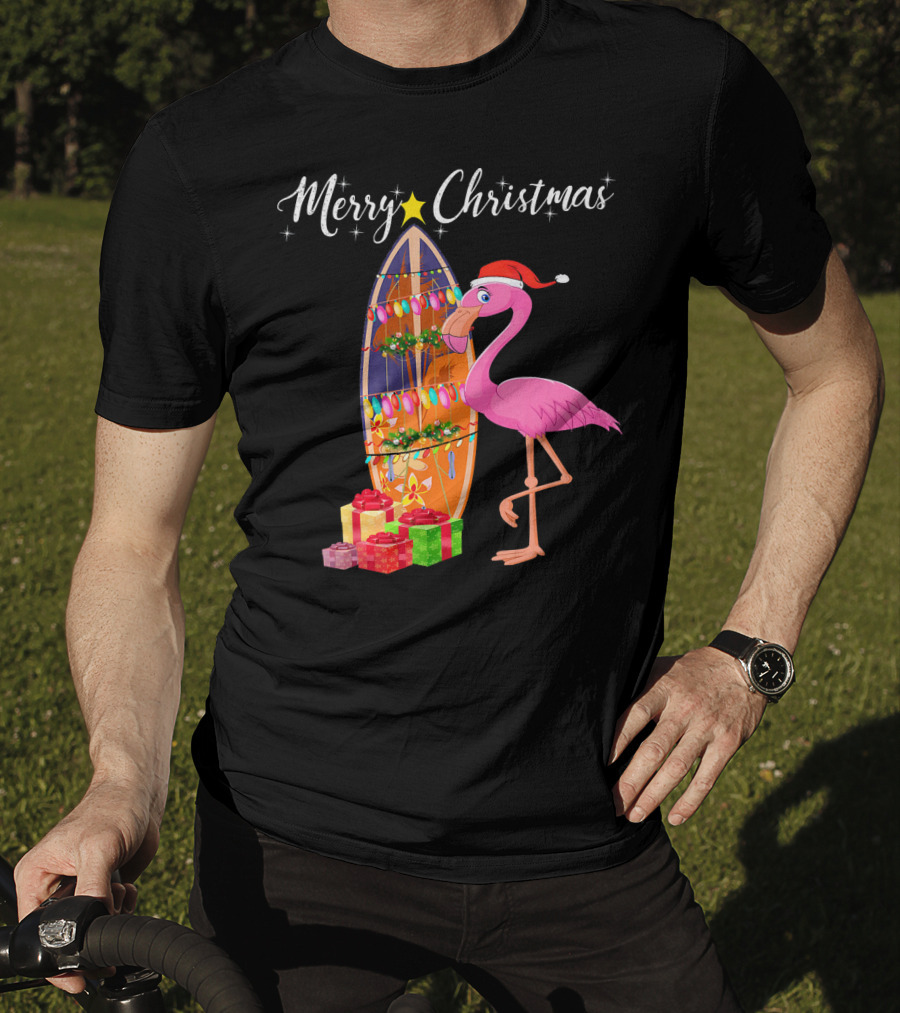 Merry Christmas Flamingo Surfboard Santa Hat Gifts T-Shirt