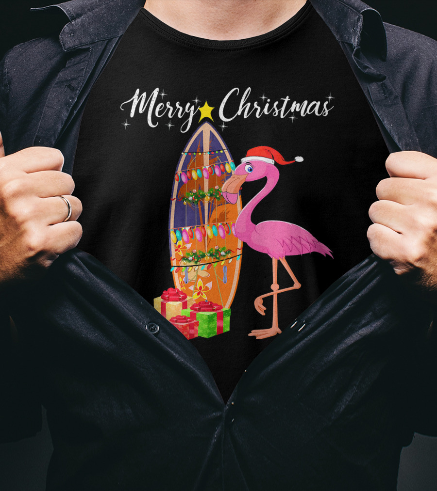 Merry Christmas Flamingo Surfboard Santa Hat Gifts T-Shirt