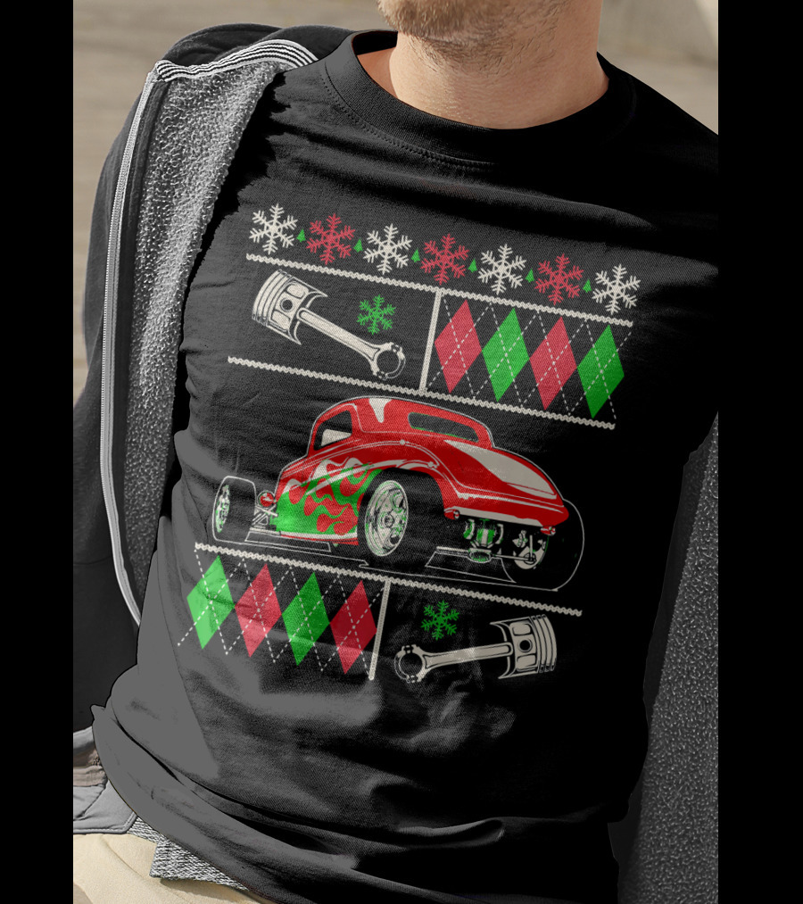 Hot Rod Christmas Ugly Sweater Red Green Car Snowflakes Argyle Pistons T-Shirt