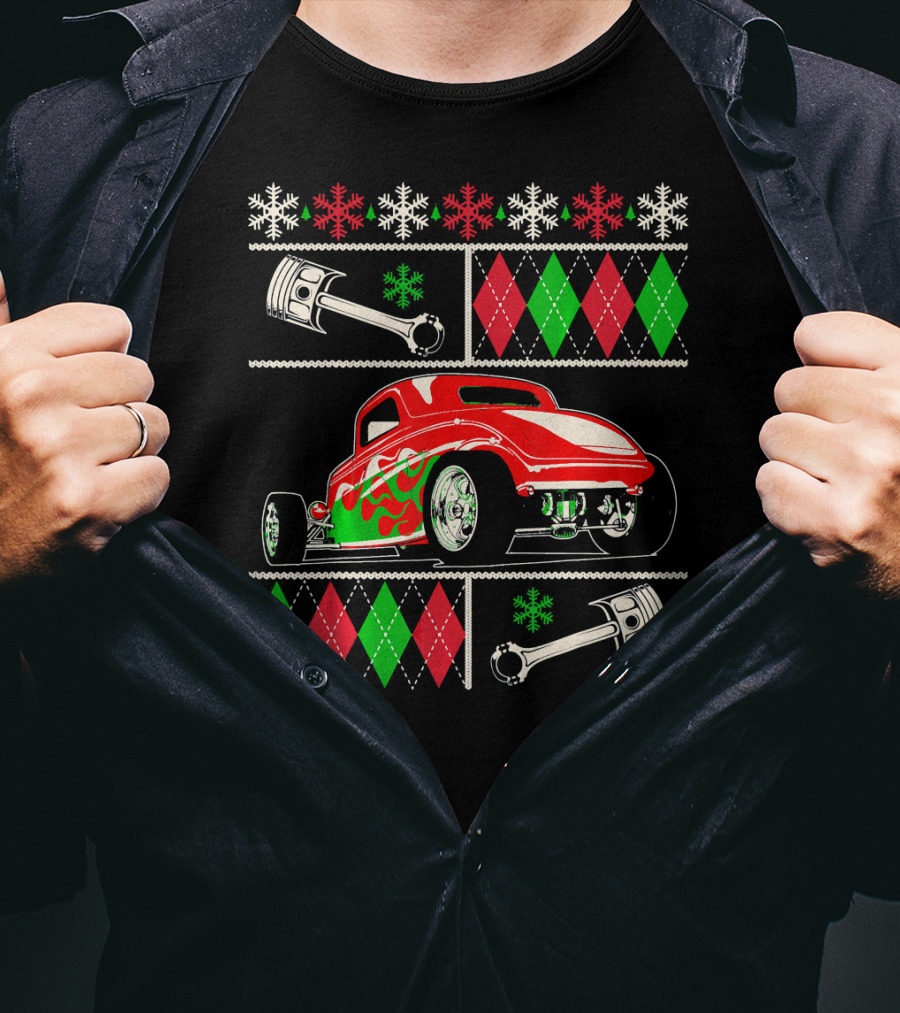 Hot Rod Christmas Ugly Sweater Red Green Car Snowflakes Argyle Pistons T-Shirt