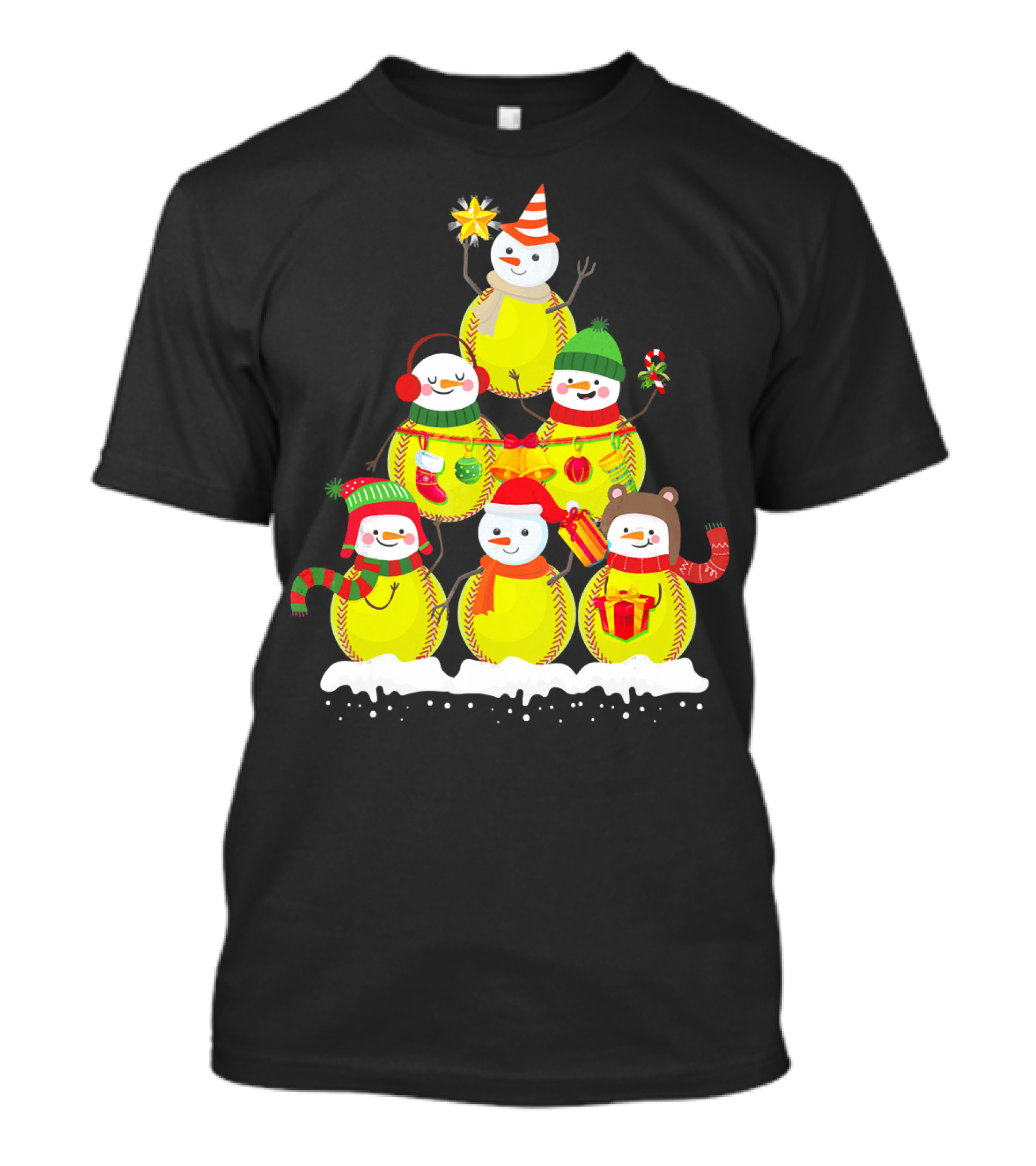 Softball Snowman Christmas Tree Holiday Scene T-Shirt