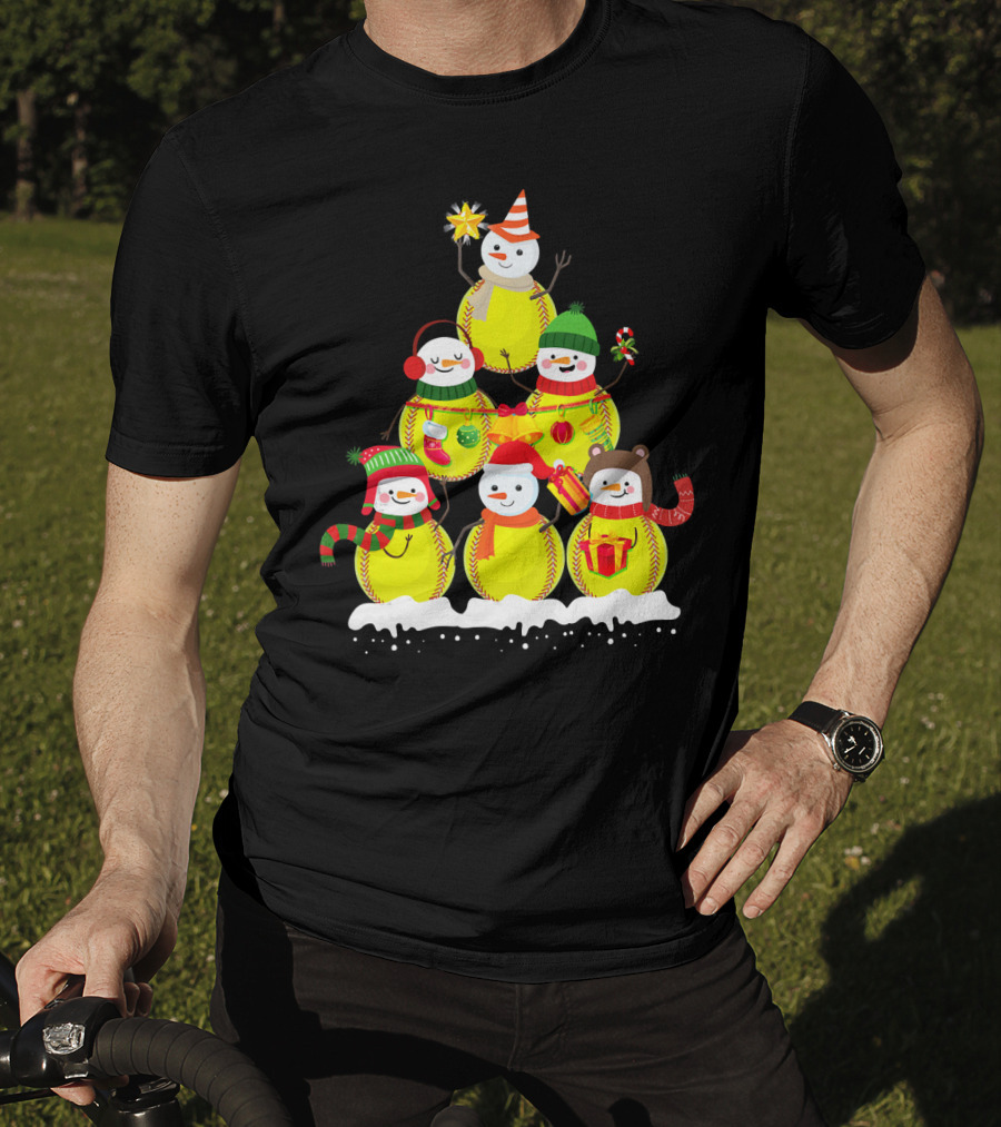 Softball Snowman Christmas Tree Holiday Scene T-Shirt