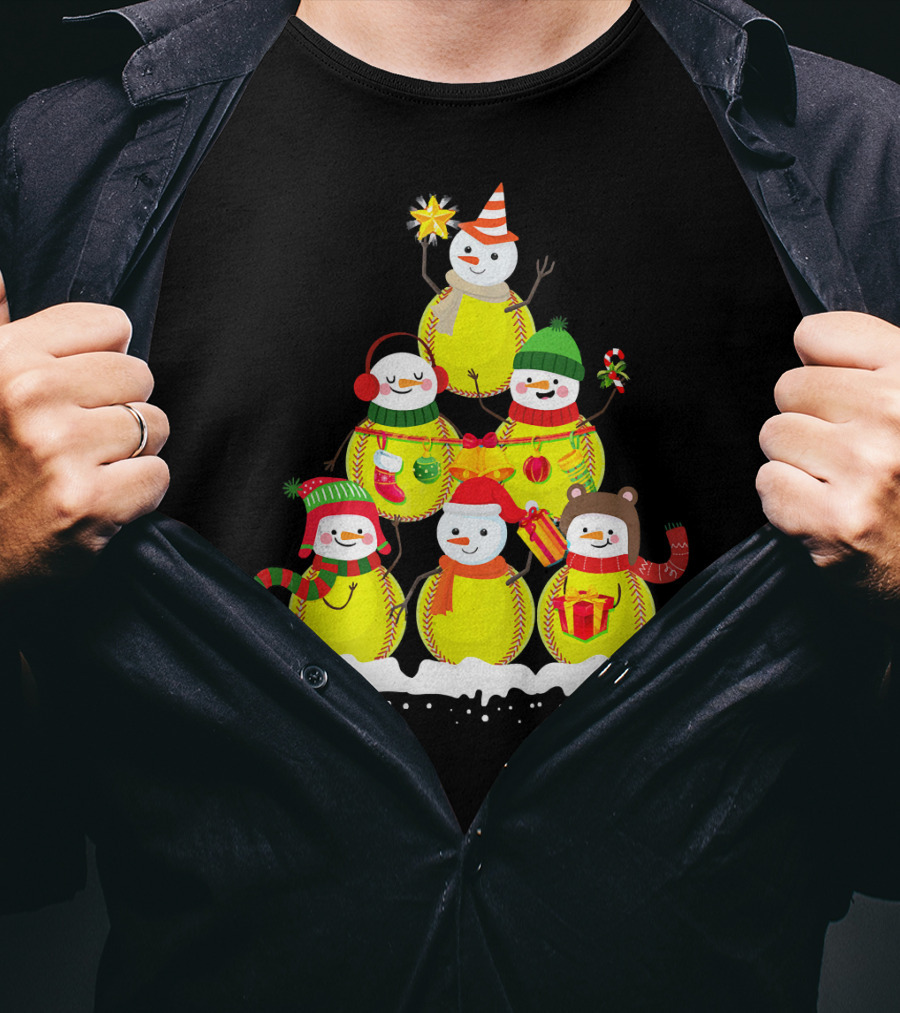 Softball Snowman Christmas Tree Holiday Scene T-Shirt