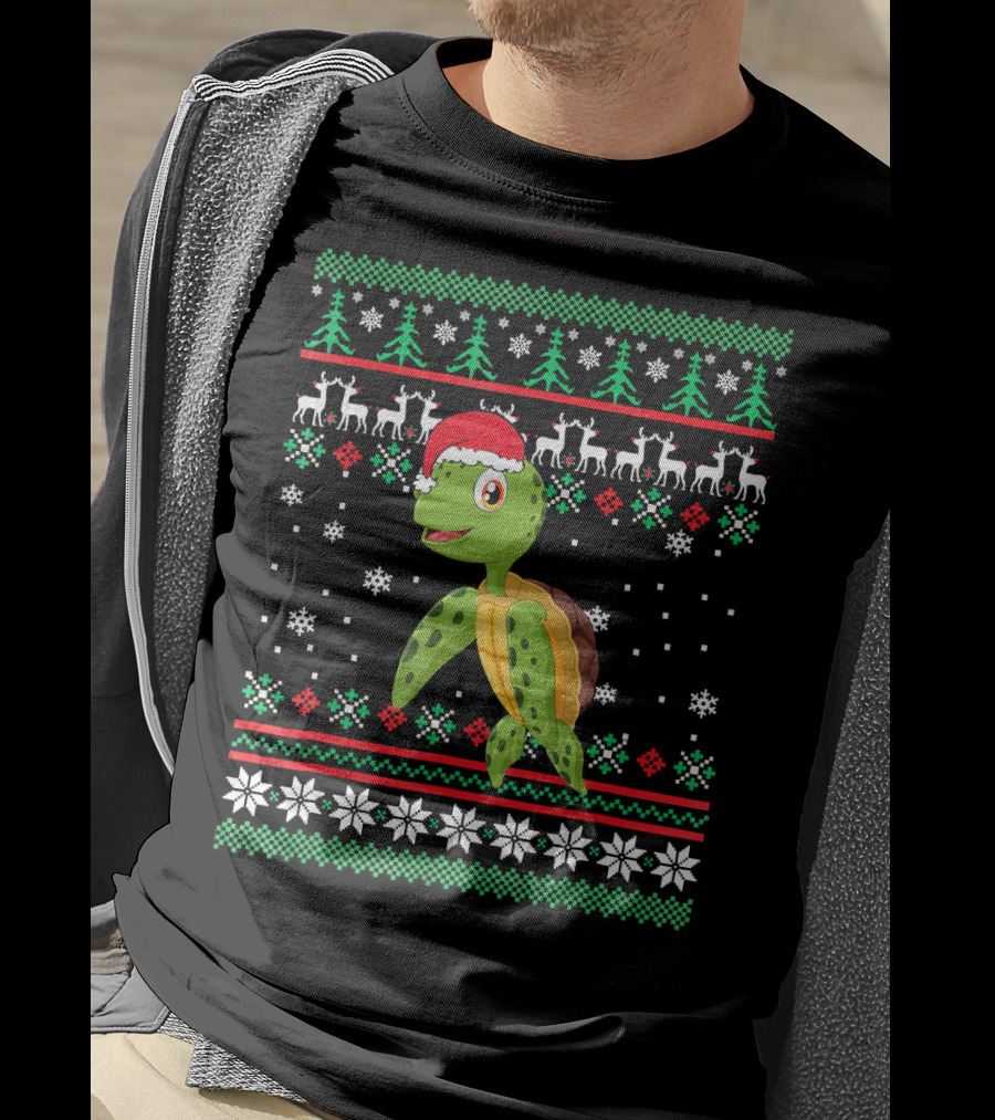 Sea Turtle With Santa Hat Christmas Sweater Pattern Snowflakes Reindeer Trees T-Shirt