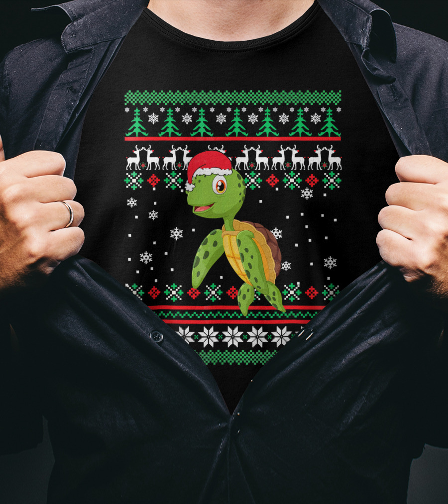 Sea Turtle With Santa Hat Christmas Sweater Pattern Snowflakes Reindeer Trees T-Shirt