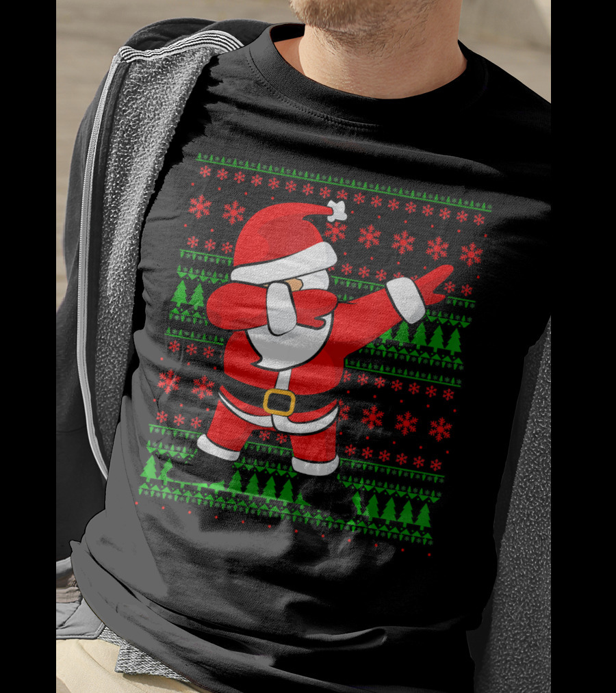 Santa Claus Dabbing Christmas Sweater Style Snowflakes Trees T-Shirt