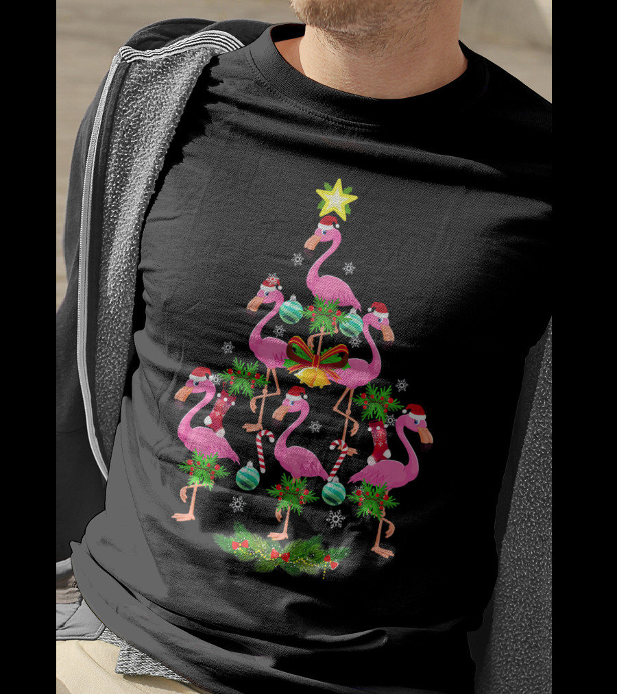Star Flamingo Christmas Tree Santa Hat Ornaments T-Shirt