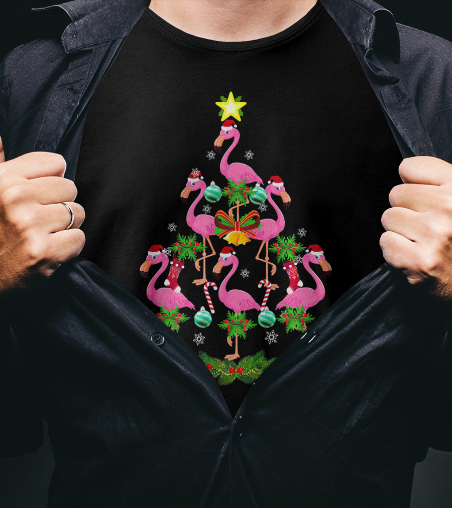 Star Flamingo Christmas Tree Santa Hat Ornaments T-Shirt