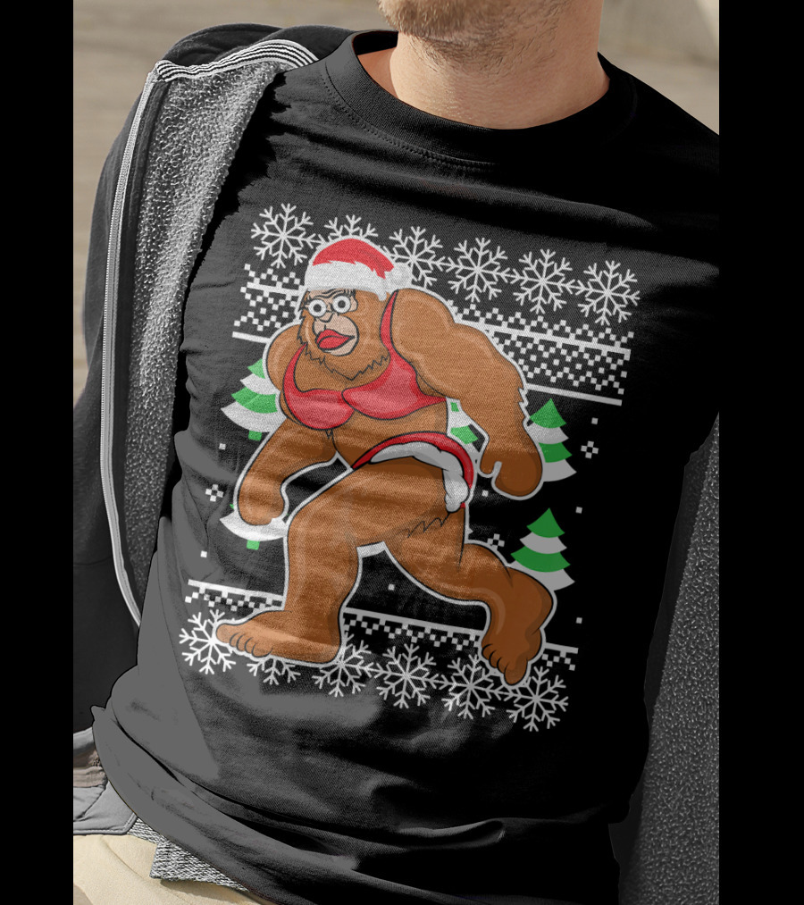 Bigfoot Bikini Ugly Christmas Sweater Santa Hat Snowflakes Holiday Party T-Shirt