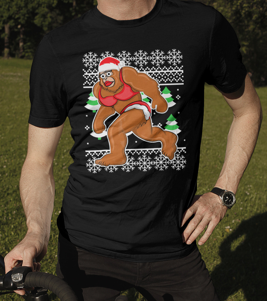 Bigfoot Bikini Ugly Christmas Sweater Santa Hat Snowflakes Holiday Party T-Shirt