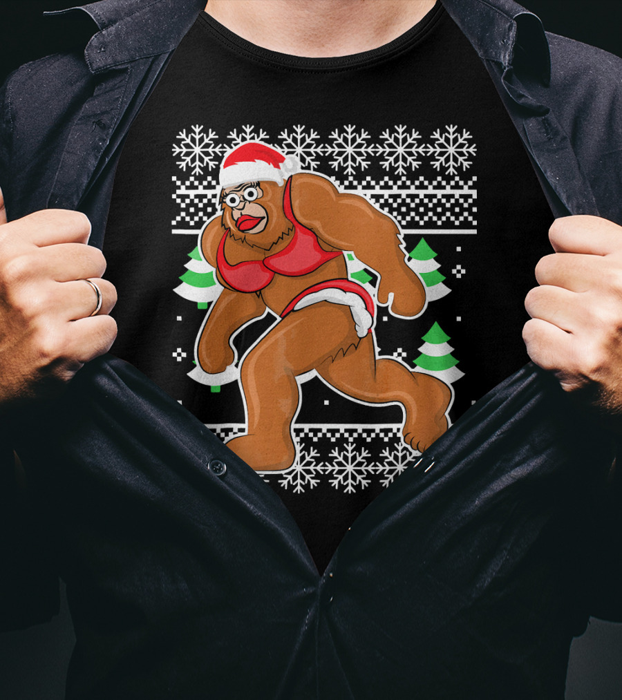 Bigfoot Bikini Ugly Christmas Sweater Santa Hat Snowflakes Holiday Party T-Shirt