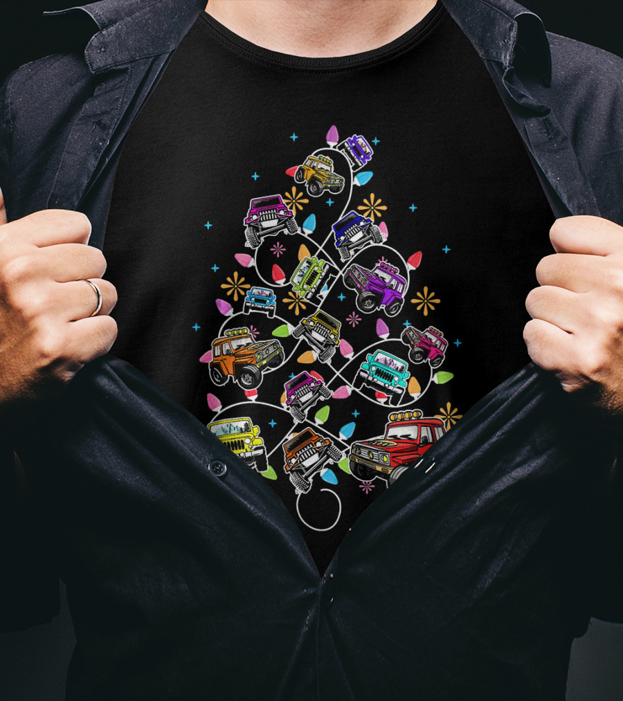 Jeep Christmas Tree Funny Jeeps Lover Colorful Vehicles Holiday Lights T-Shirt