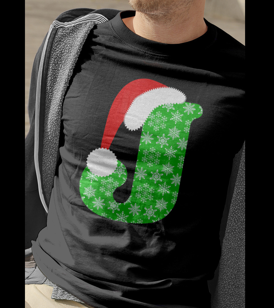 Santa Hat Green Snowflake Monogram Letter J Christmas T-Shirt