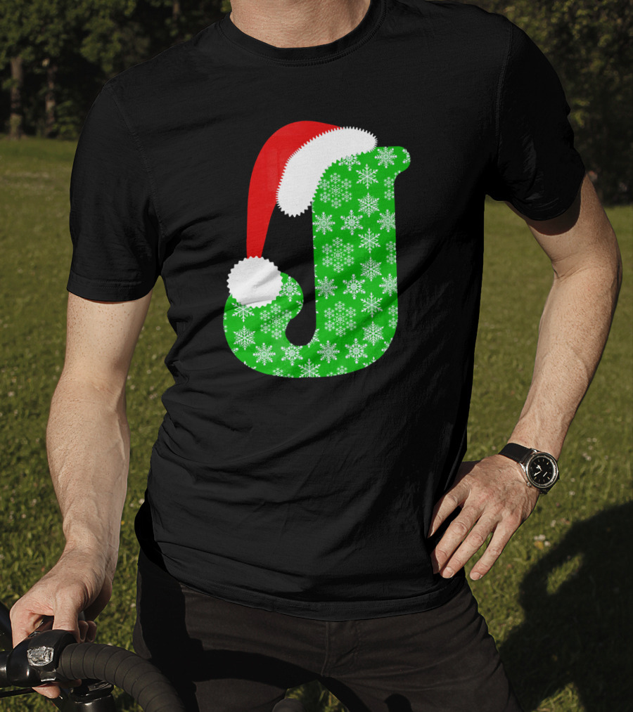 Santa Hat Green Snowflake Monogram Letter J Christmas T-Shirt