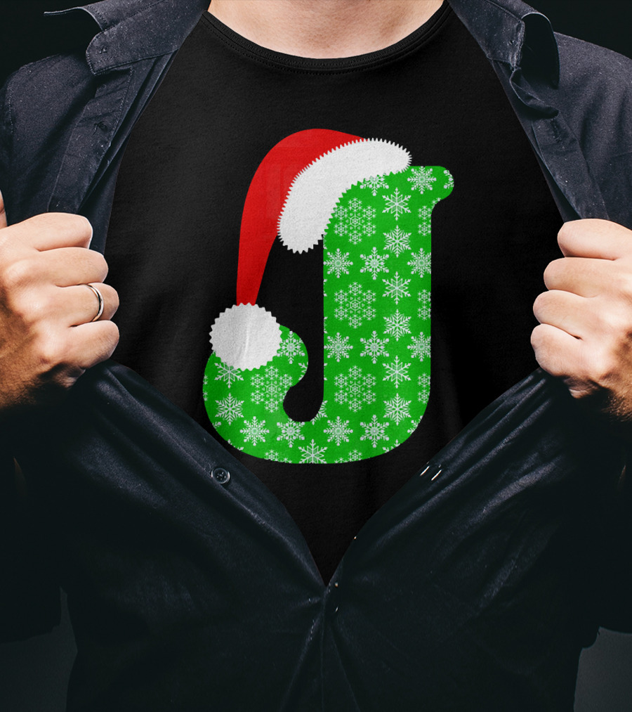 Santa Hat Green Snowflake Monogram Letter J Christmas T-Shirt