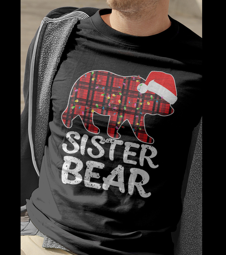 Sister Bear Red Plaid Christmas Paj With Santa Hat And Lights T-Shirt