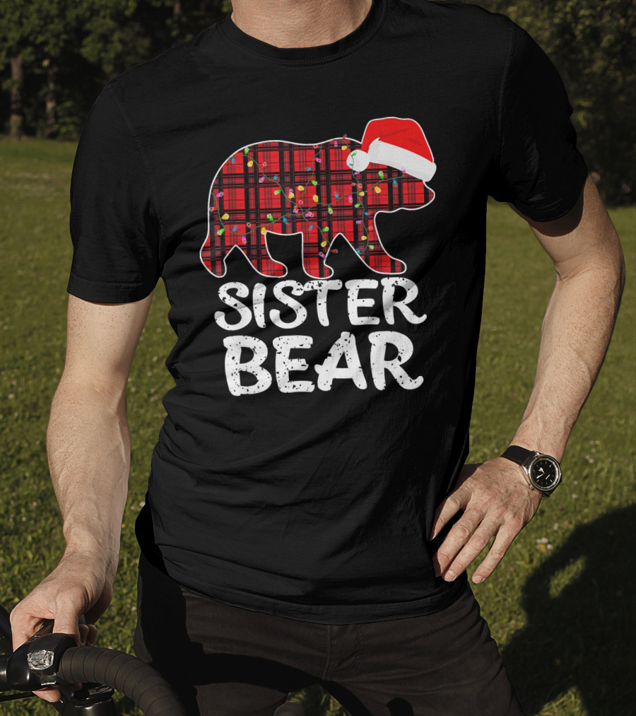 Sister Bear Red Plaid Christmas Paj With Santa Hat And Lights T-Shirt