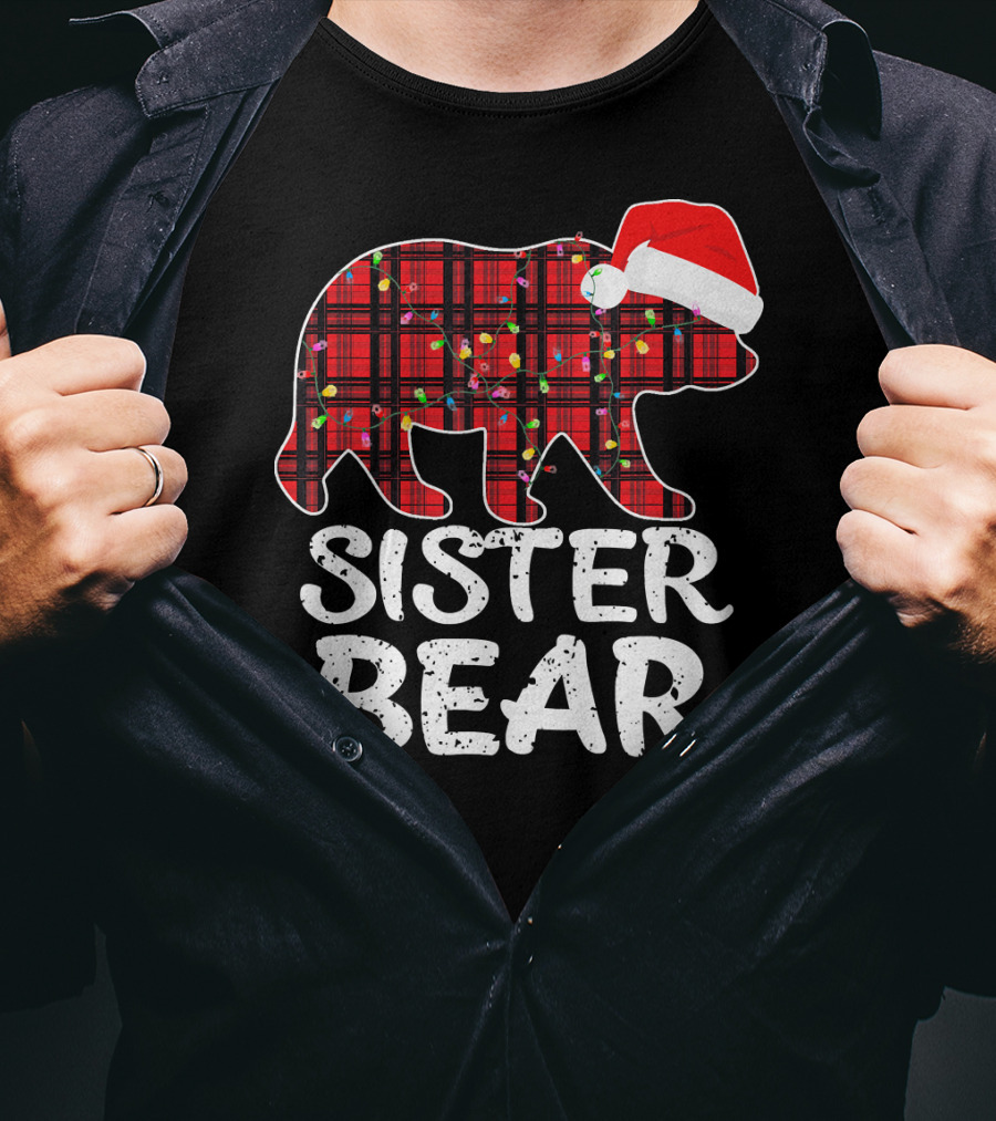 Sister Bear Red Plaid Christmas Paj With Santa Hat And Lights T-Shirt