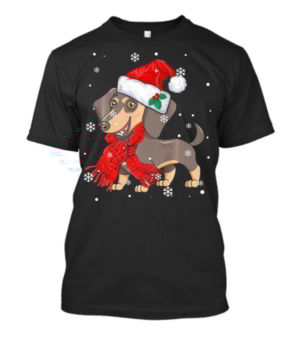 Dachshund Wearing Santa Hat And Red Scarf With Snowflakes T-Shirt