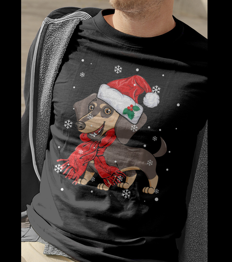 Dachshund Wearing Santa Hat And Red Scarf With Snowflakes T-Shirt