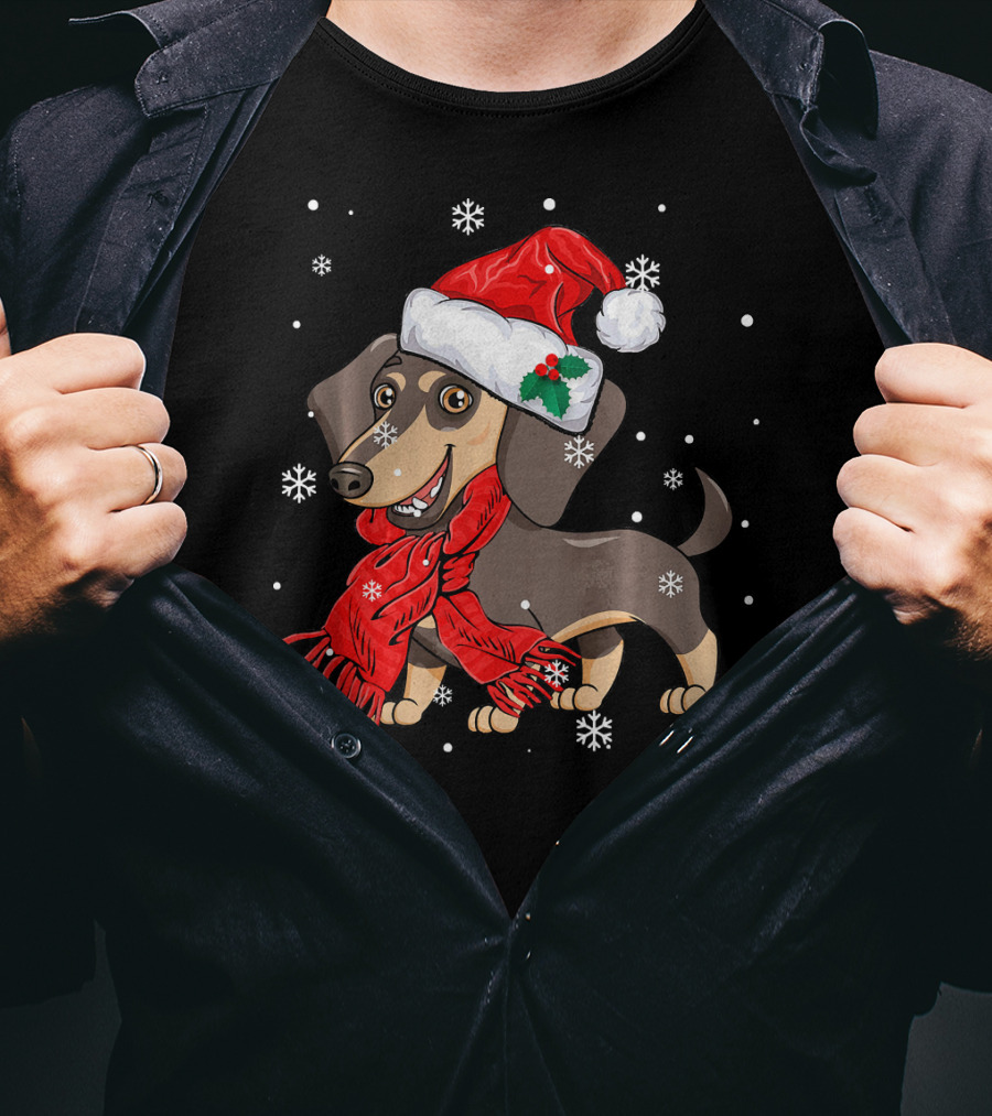 Dachshund Wearing Santa Hat And Red Scarf With Snowflakes T-Shirt