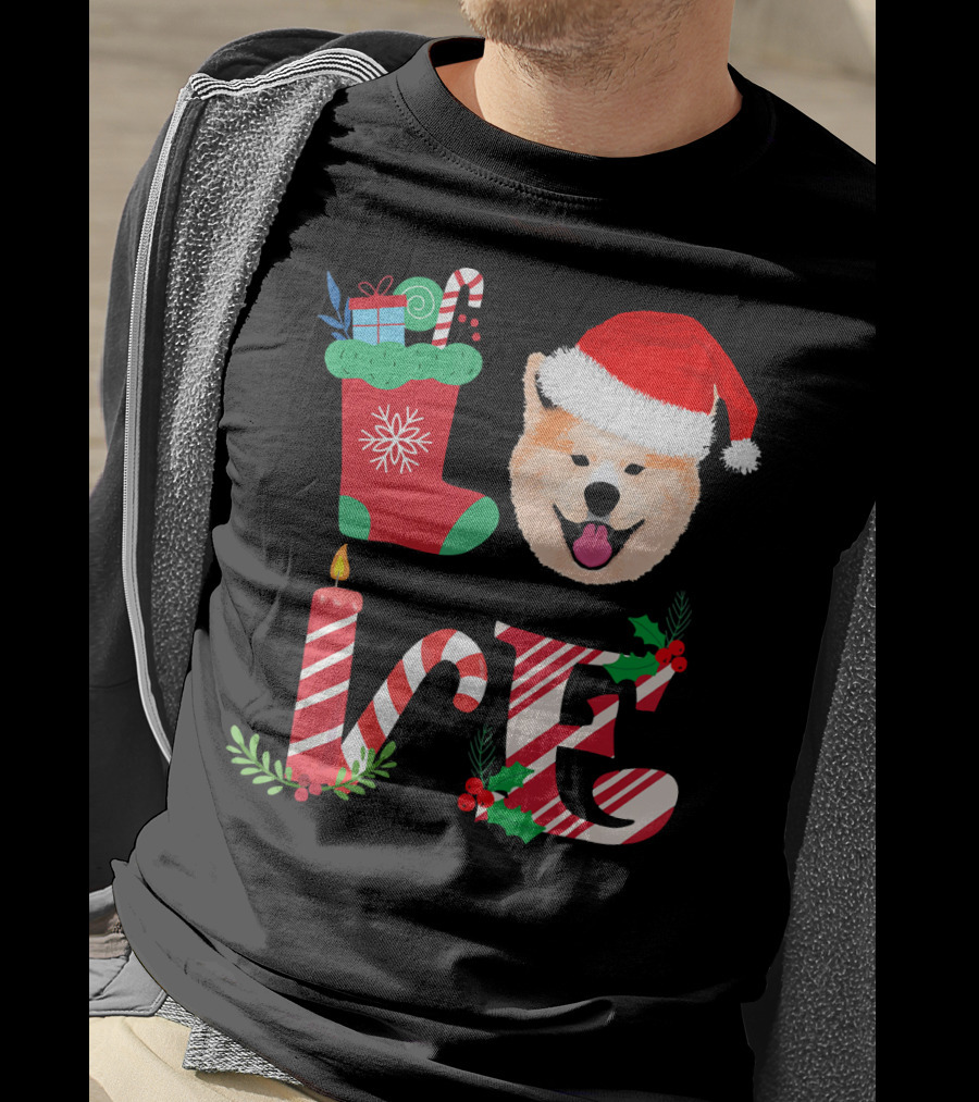 I Love My Akita Christmas Love With Santa Hat And Holiday Decorations T-Shirt