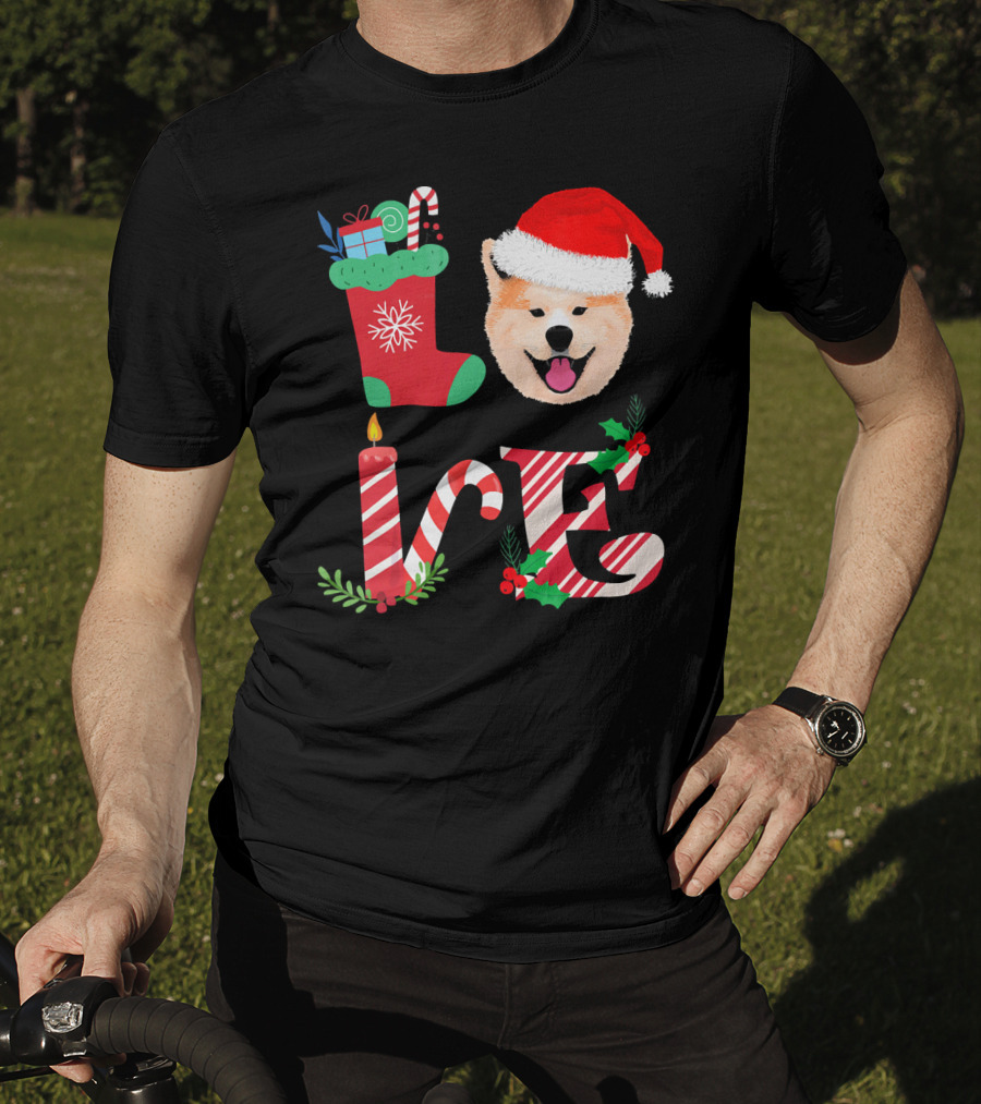 I Love My Akita Christmas Love With Santa Hat And Holiday Decorations T-Shirt