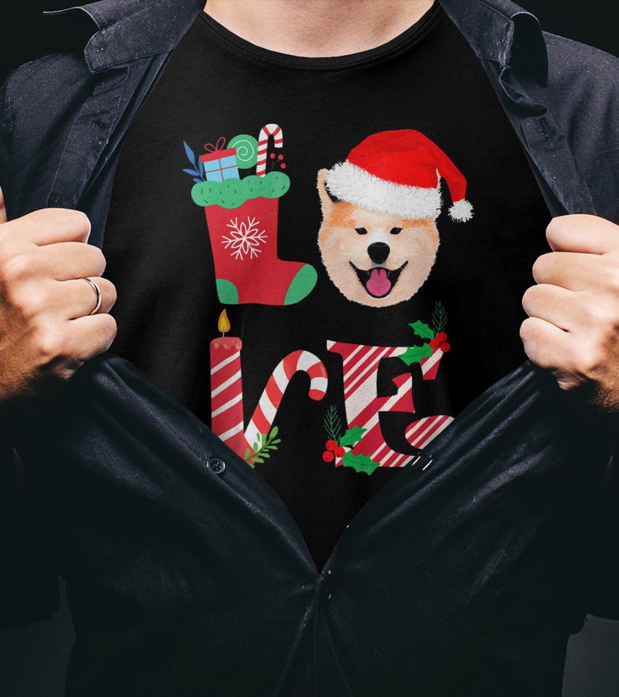 I Love My Akita Christmas Love With Santa Hat And Holiday Decorations T-Shirt