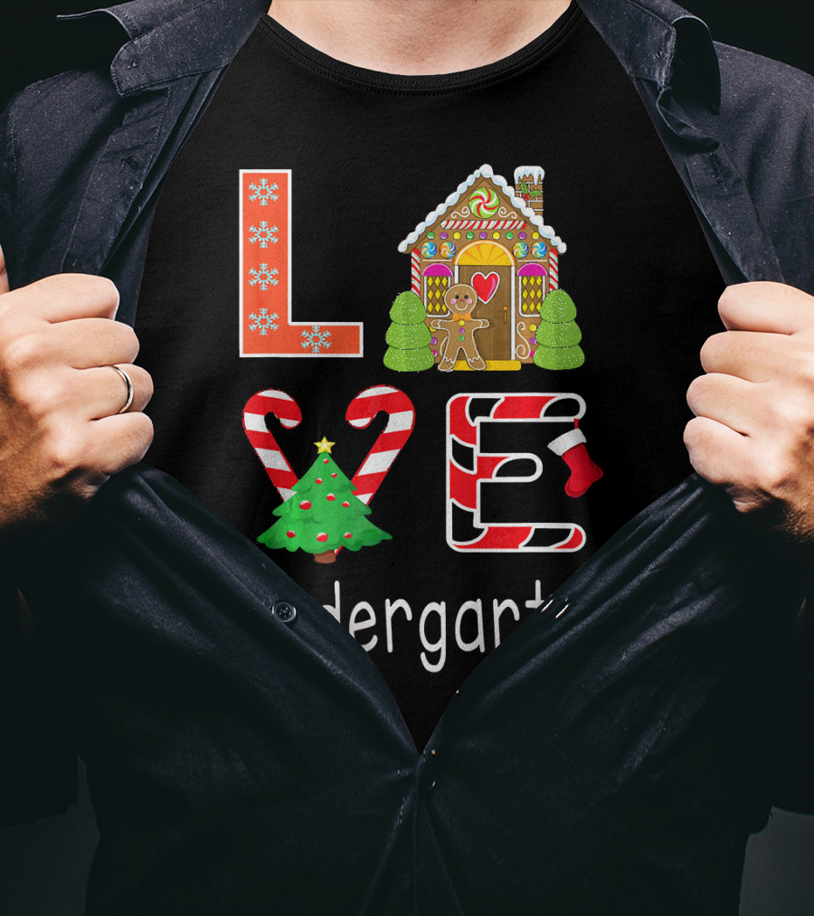 Love Kindergarten Christmas Candy Cane Gingerbread House T-Shirt