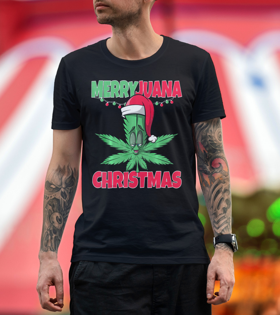 Merryjuana Christmas Funny Santa Hat Marijuana Leaf T-Shirt