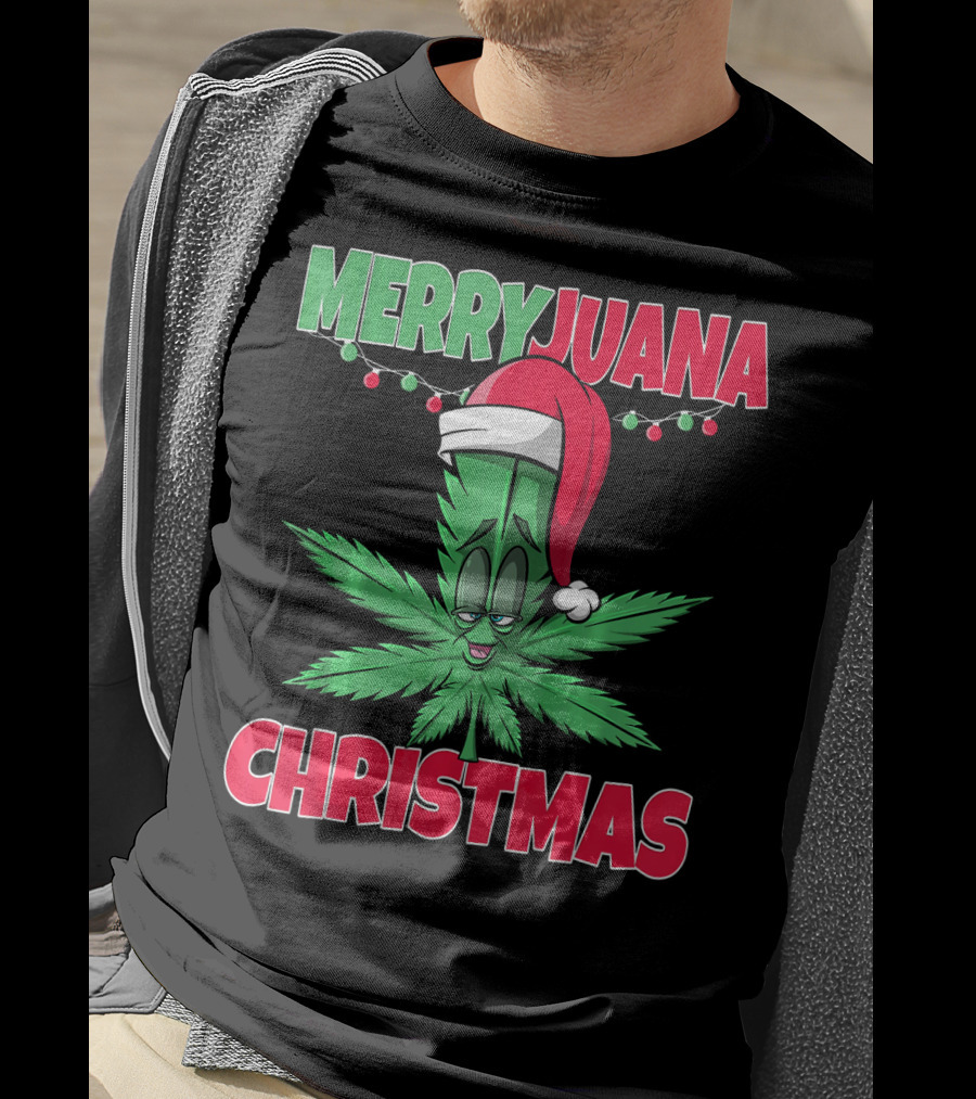 Merryjuana Christmas Funny Santa Hat Marijuana Leaf T-Shirt