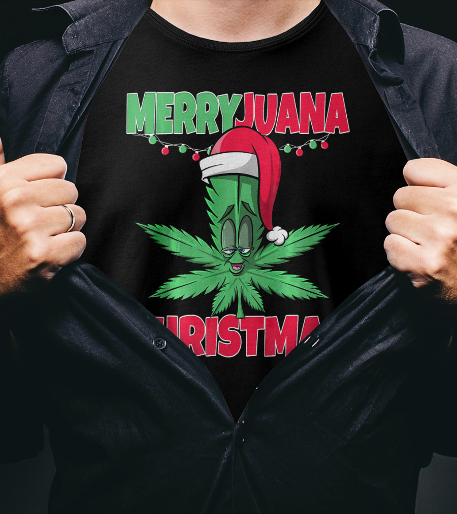 Merryjuana Christmas Funny Santa Hat Marijuana Leaf T-Shirt