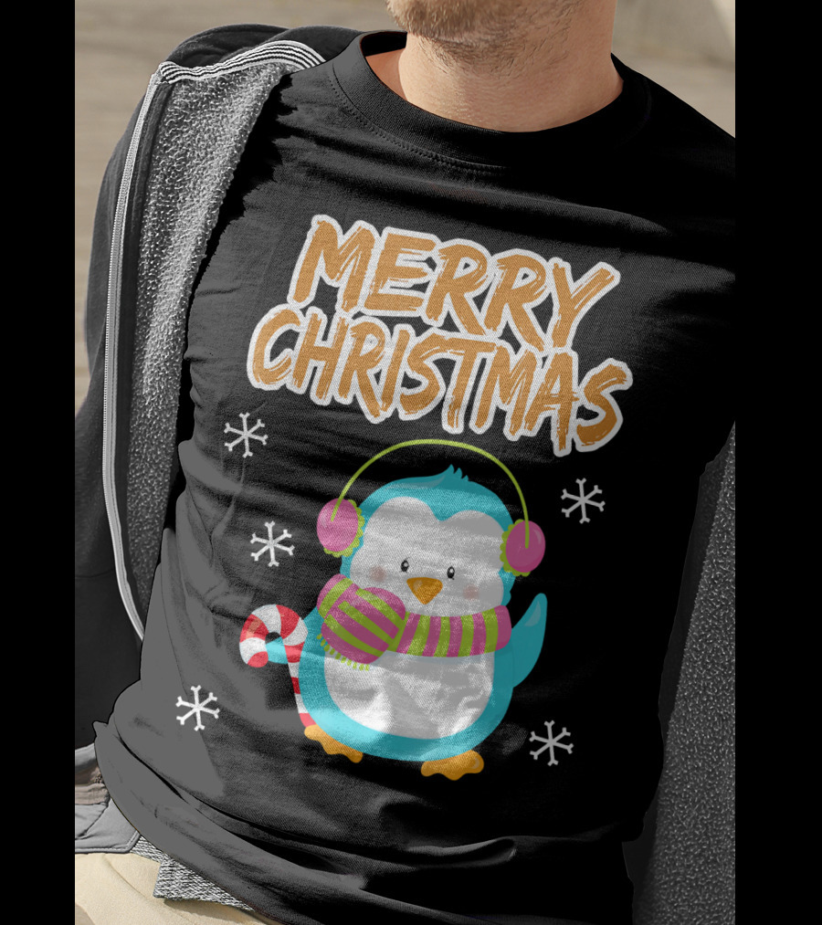 Merry Christmas Penguin With Candy Cane And Snowflakes T-Shirt