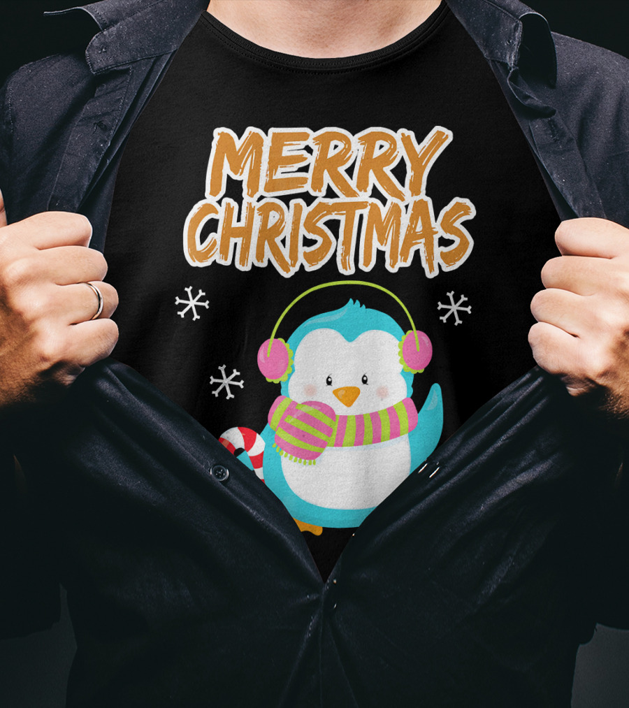 Merry Christmas Penguin With Candy Cane And Snowflakes T-Shirt