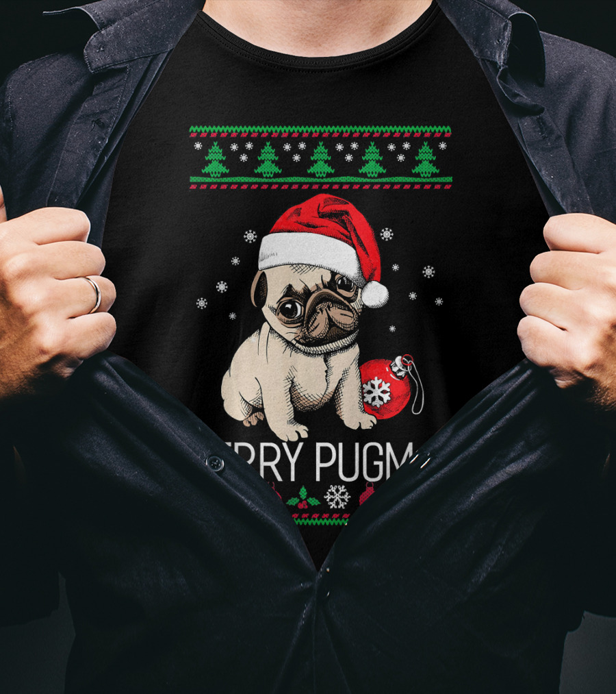 Merry Pugmas Santa Pug With Christmas Trees And Ornaments T-Shirt