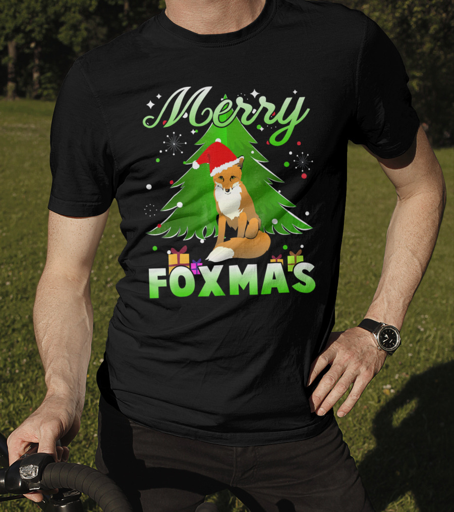 Merry Foxmas Santa Hat Fox And Christmas Tree T-Shirt