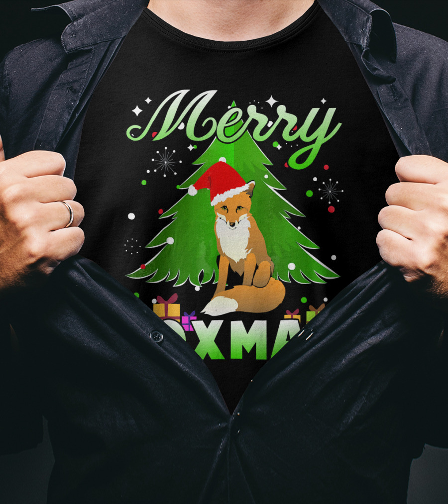 Merry Foxmas Santa Hat Fox And Christmas Tree T-Shirt
